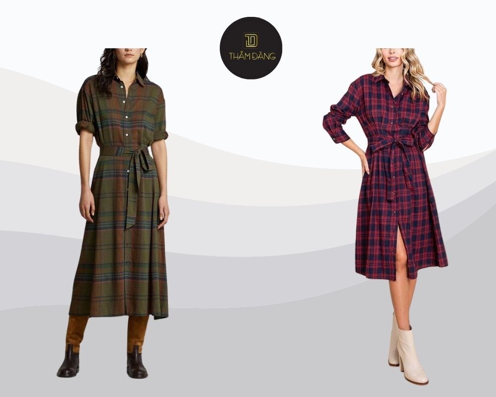 đầm sơ mi kẻ phong cách vintage