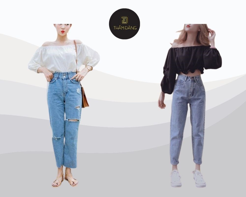 Phối baggy với áo trễ vai tôn dáng nữ tính và quyến rũ tự nhiên.