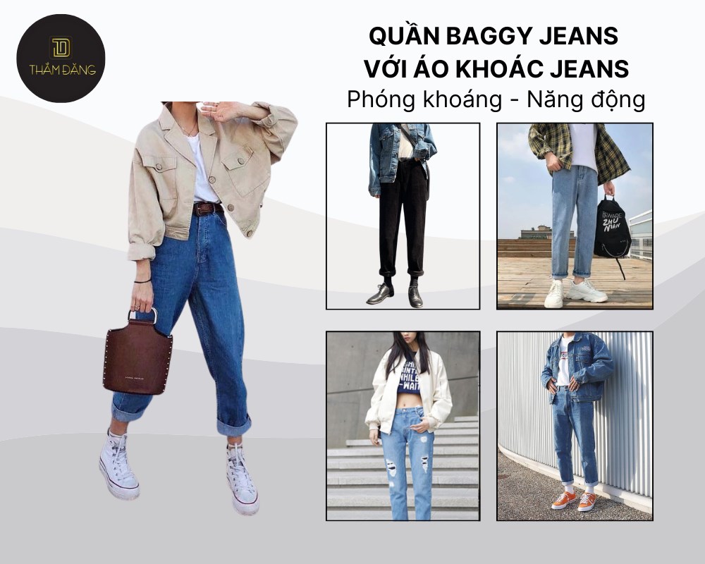 Khoác jeans phối cùng quần baggy mang đến vẻ ngoài phóng khoáng, năng động và đầy cá tính