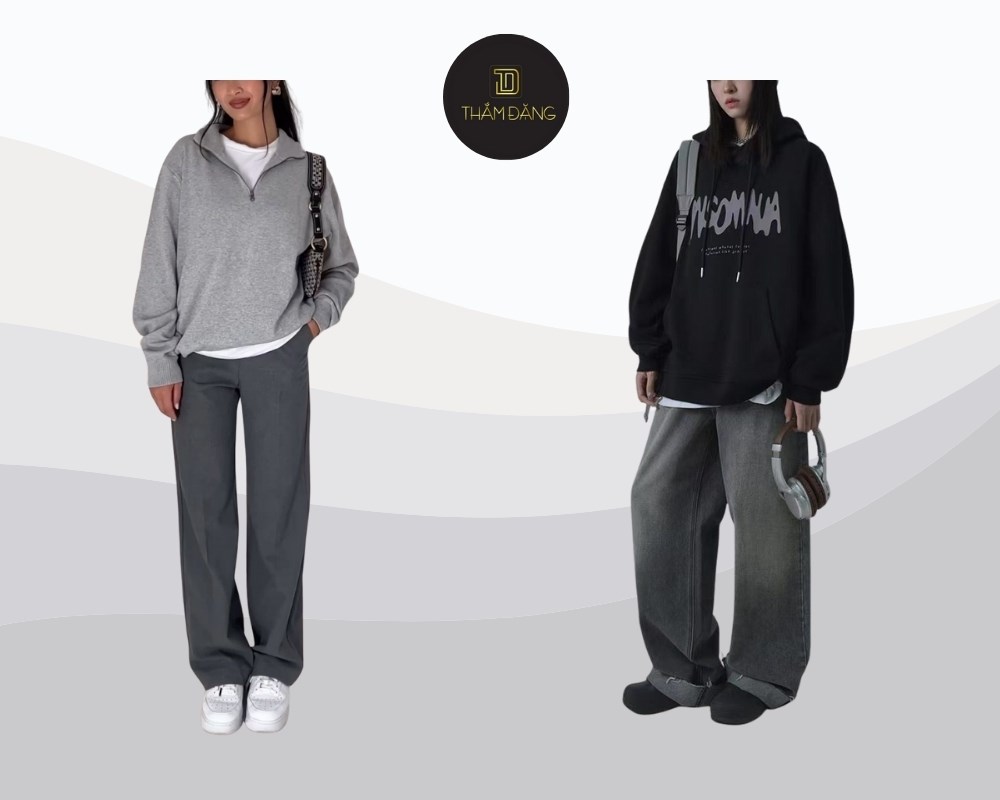 Kết hợp hoodie với quần baggy nữ ống rộng tạo phong cách streetwear năng động, thoải mái và cá tính
