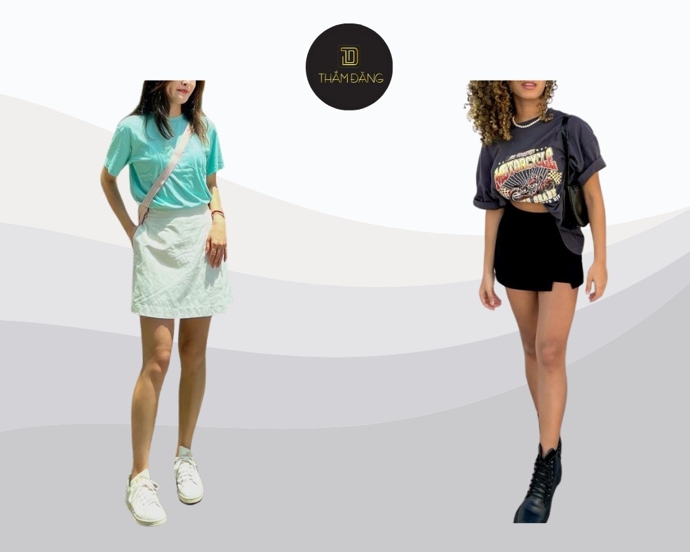 áo phông oversize phối với quần giả váy