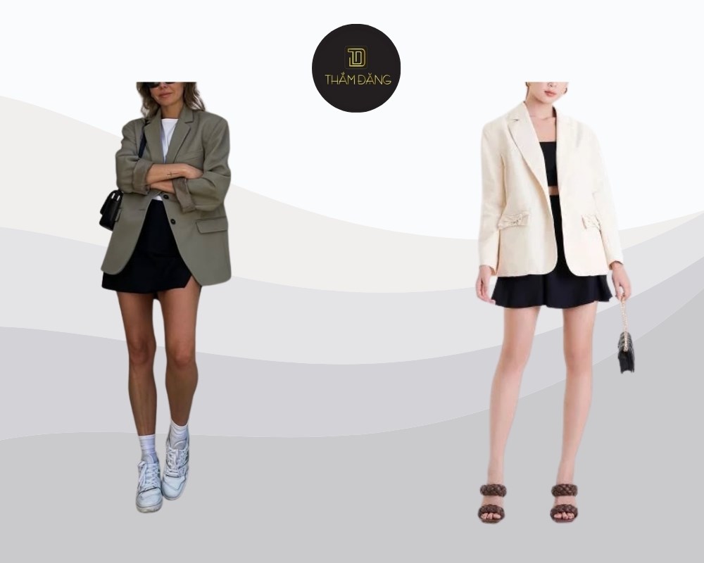 áo blazer phối quần giả váy tạo phong cách sang trọng