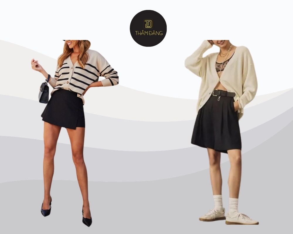 cardigan phối quần giả váy tạo sự nữ tính và thanh lịch