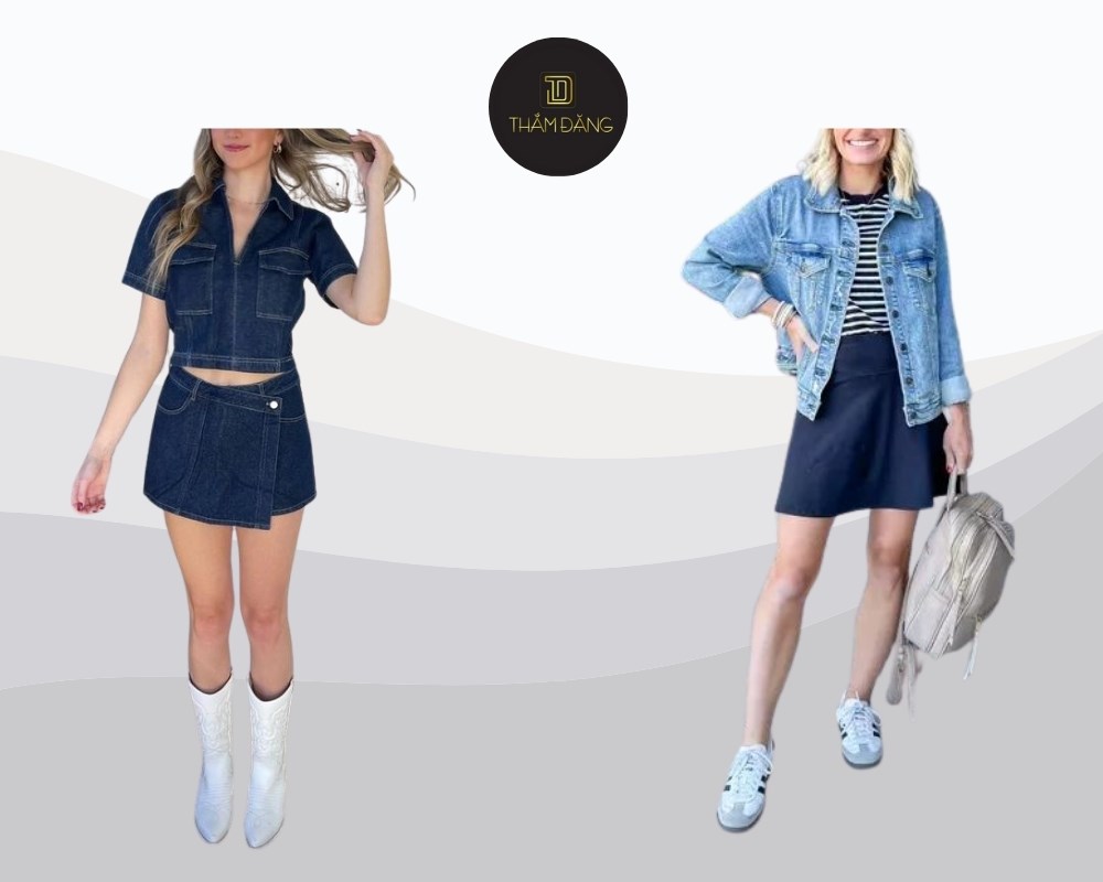phối đồ với khoác denim và quần giả váy