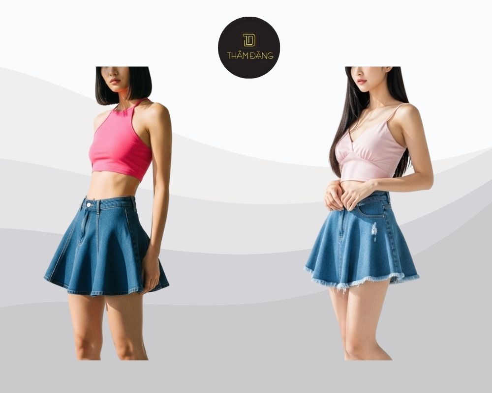 Quần giả váy xòe ngắn kết hợp áo croptop tạo phong cách trẻ trung, cá tính, khoe vòng eo thon gọn, lý tưởng cho dạo phố, du lịch hoặc sự kiện