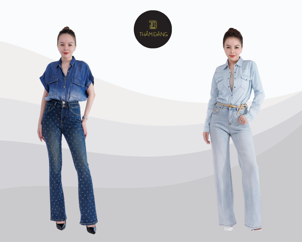 quần jean áo sơ mi phối phụ kiện