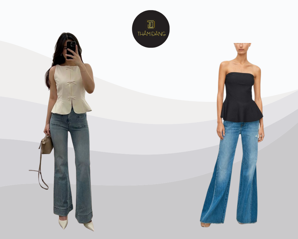 Áo peplum eo thon phối quần jean cùng sandal nữ tính hoàn hảo.