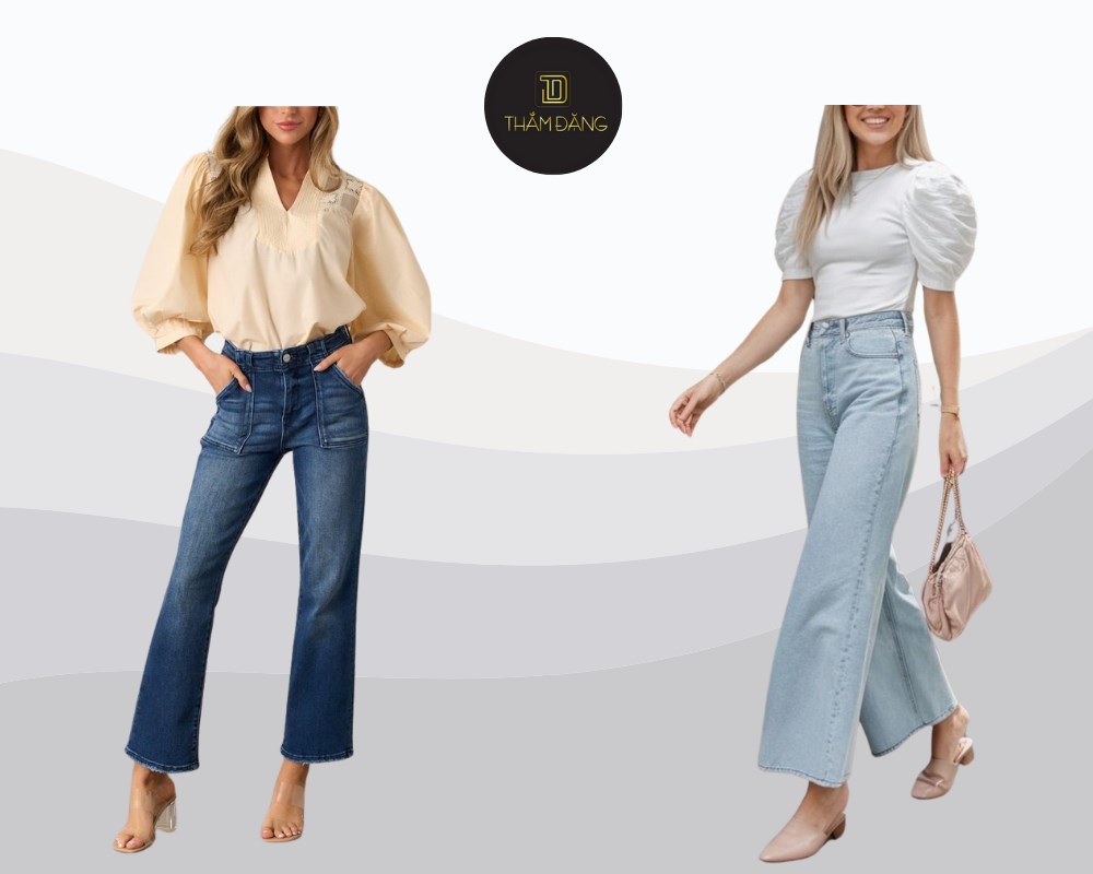 Blouse tay bồng nữ tính kết hợp jean lưng cao phong cách nổi bật