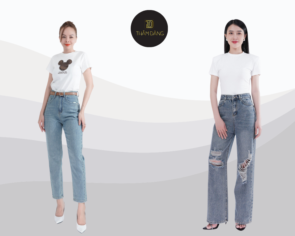 Áo phông quần jean lưng cao trẻ trung năng động cho mọi độ tuổi.