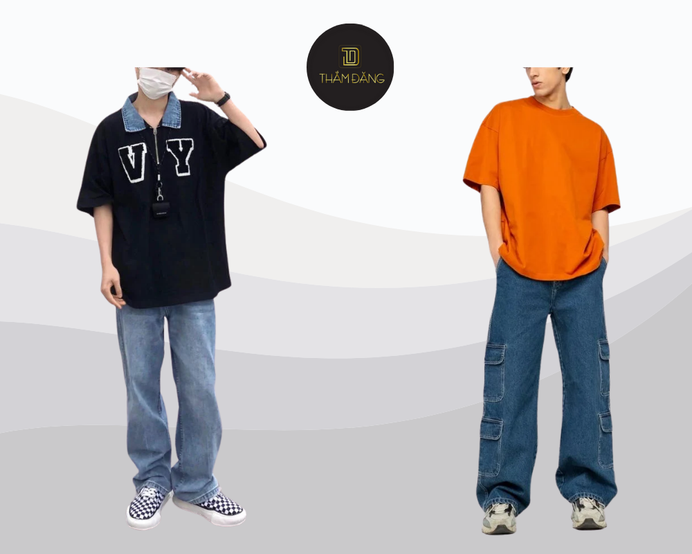 Streetwear nam tính thoải mái cùng quần jean lưng cao và áo thun oversize.