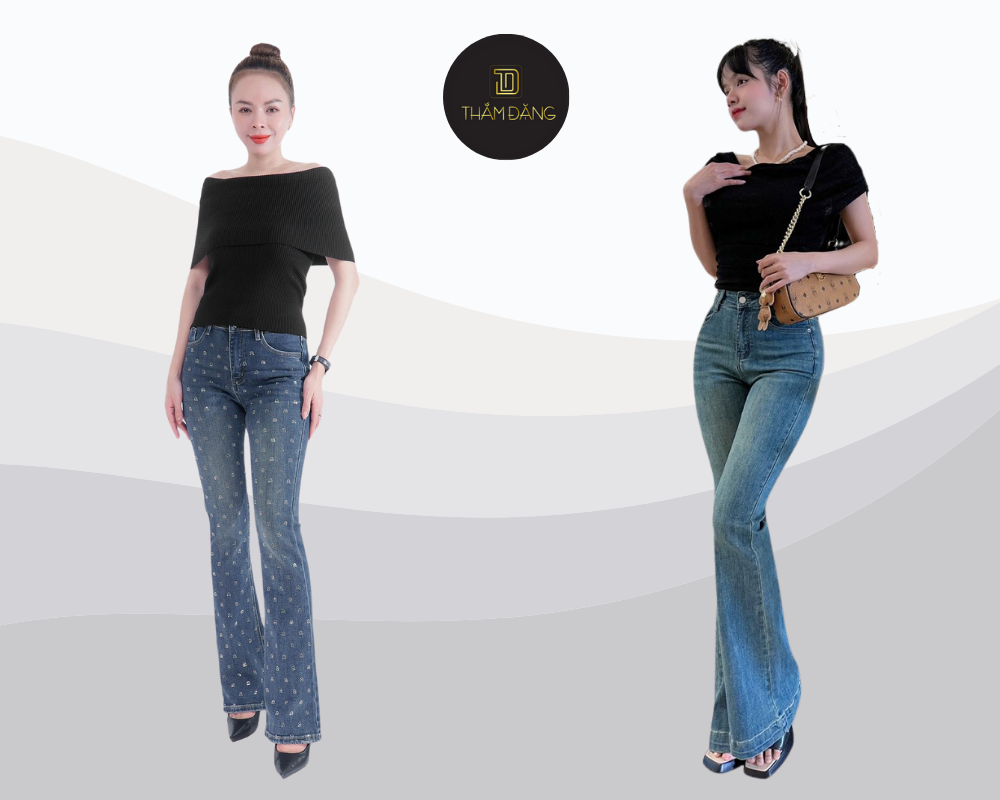 Áo trễ vai quần jean lưng cao tôn dáng nữ tính quyến rũ tinh tế