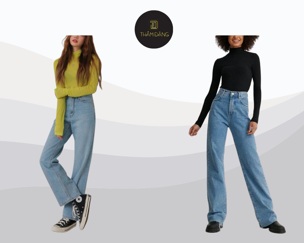 Outfit thu đông thanh lịch ấm áp với áo len cổ lọ và quần jean lưng cao.