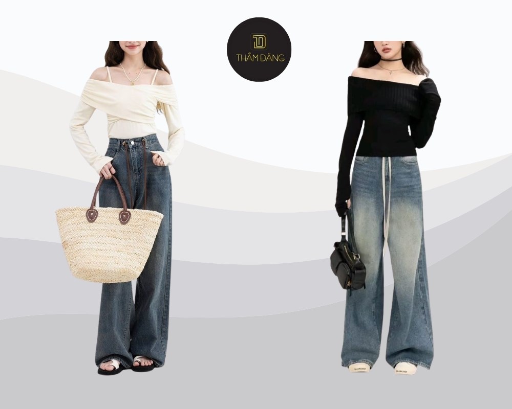 Kết hợp áo trễ vai với quần jean ống đứng tôn lên vẻ nữ tính, khoe xương quai xanh và tạo sự thoải mái