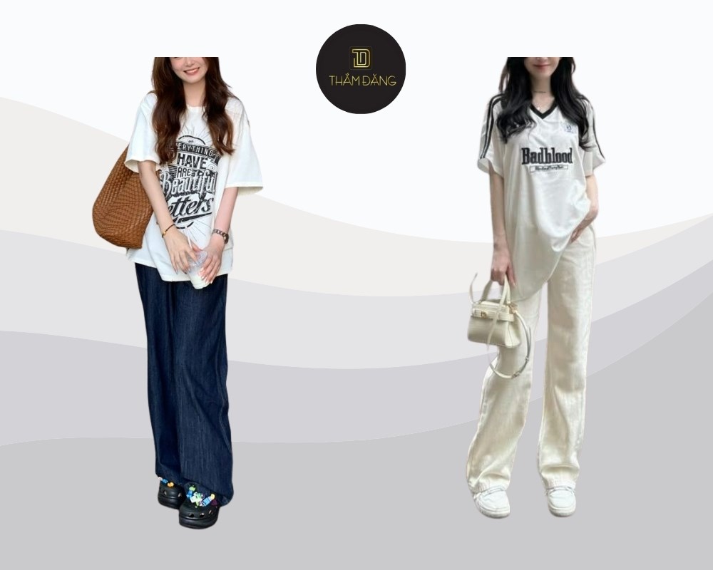 Kết hợp áo thun oversize với quần jean ống đứng tạo phong cách năng động, phóng khoáng và cá tính