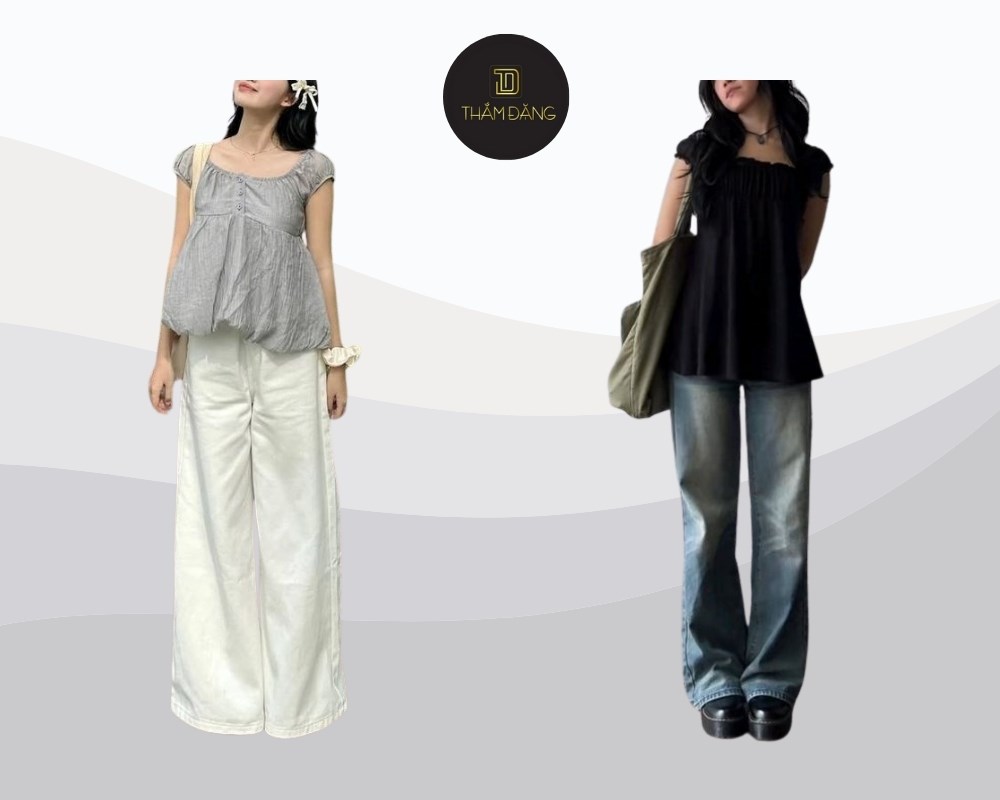 Kết hợp áo babydoll xòe nhẹ với quần jean ống đứng tạo dáng chữ A duyên dáng, trẻ trung và nữ tính