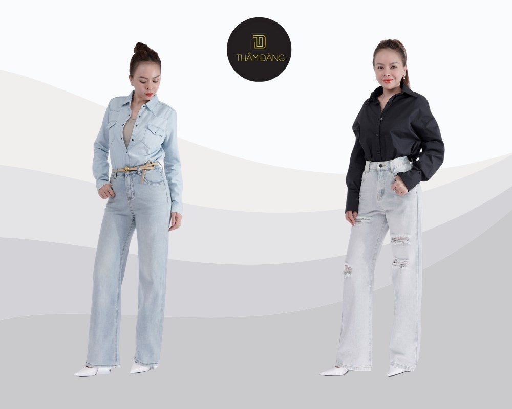 Kết hợp quần jean ống đứng với áo sơ mi tạo phong cách thanh lịch, chuyên nghiệp và tôn dáng