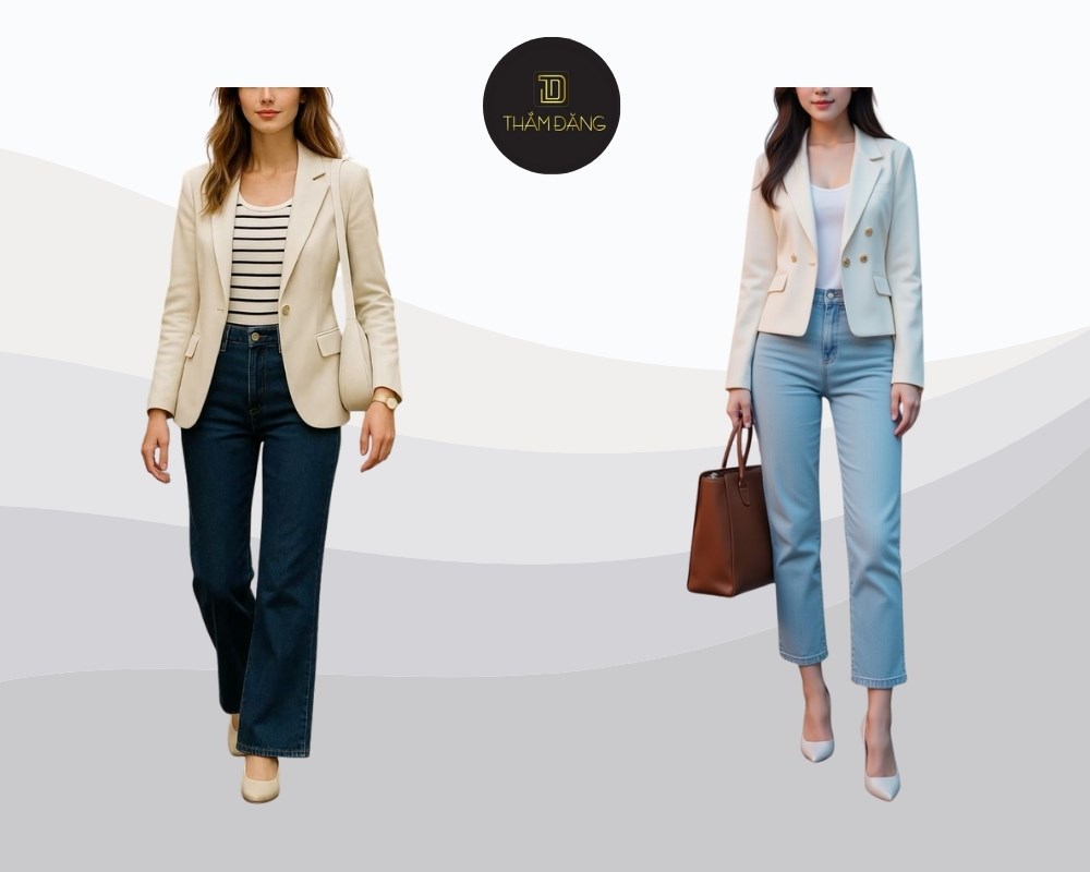 Kết hợp blazer oversized với quần jean ống đứng tạo phong cách hiện đại, chuyên nghiệp và hài hòa