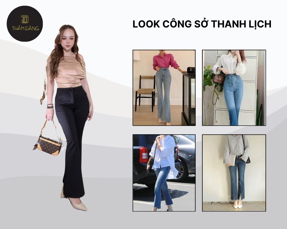 Kết hợp quần jean ống loe phối với giày cao gót tạo nên set đồ công sở đẹp và thanh lịch