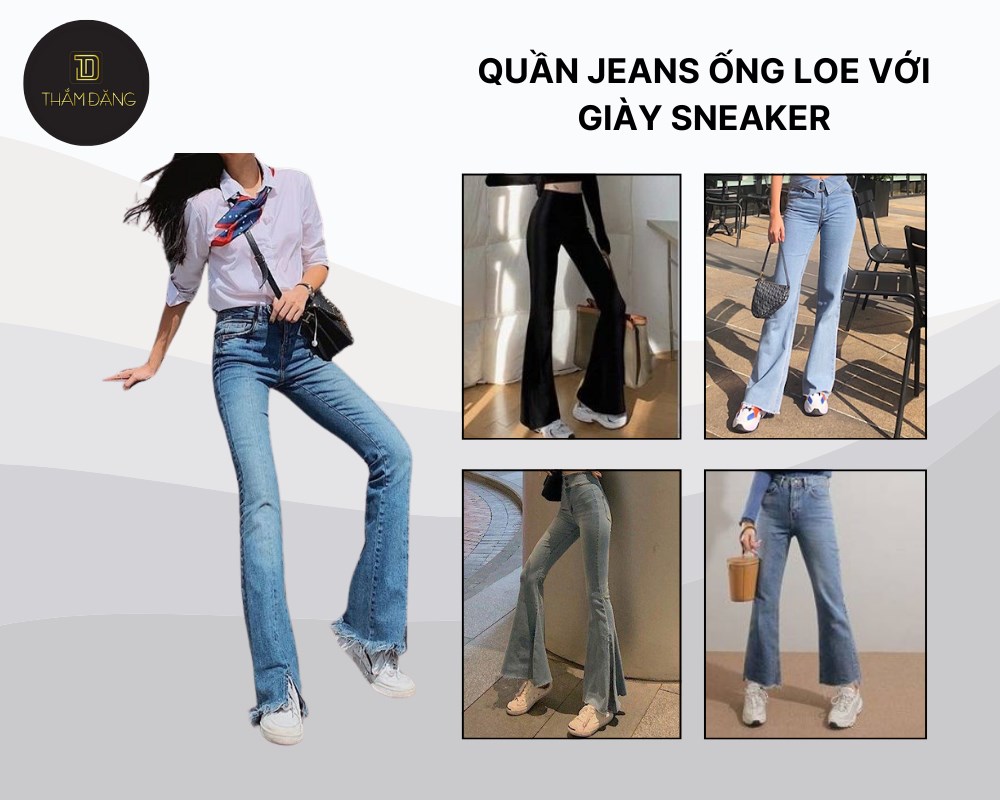 Sneaker mang đến phong cách trẻ trung, năng động cho set đồ với quần jean ống loe