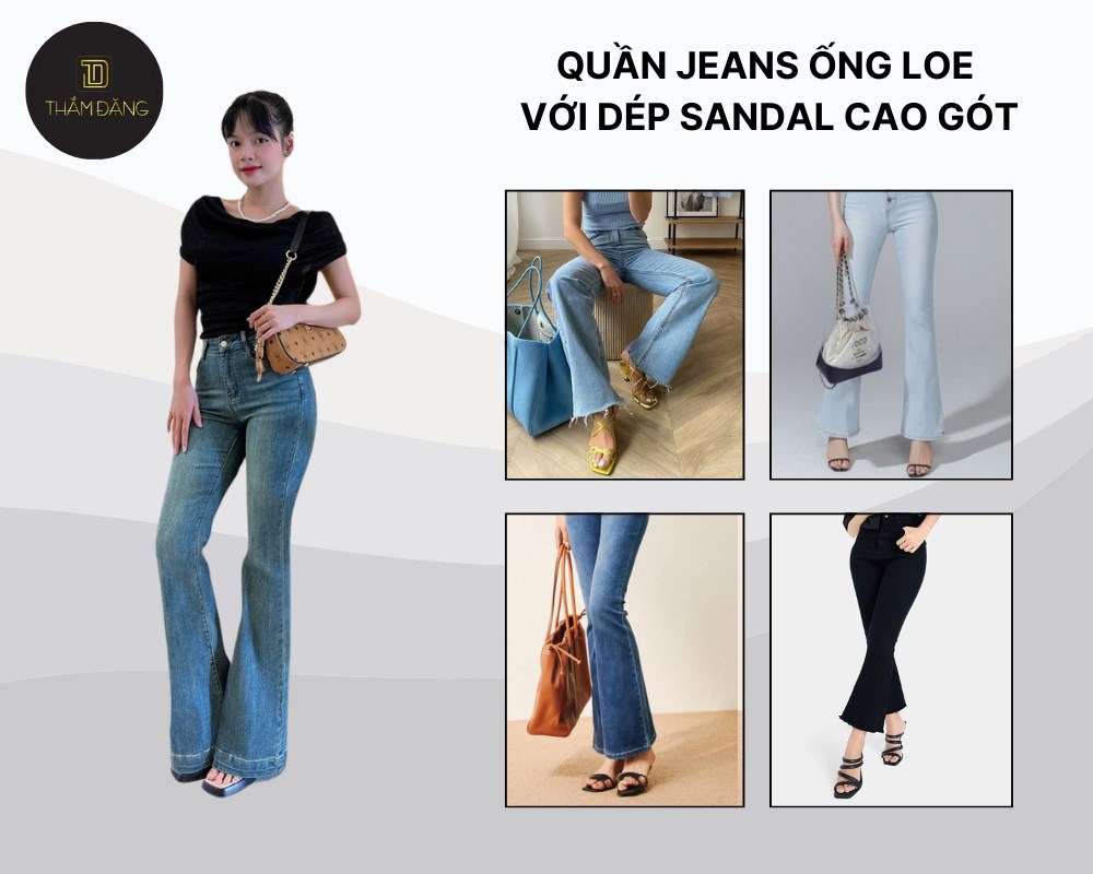 Sandal cao gót phối cùng quần jeans ống loe tạo nên sự thời trang và thoáng mát