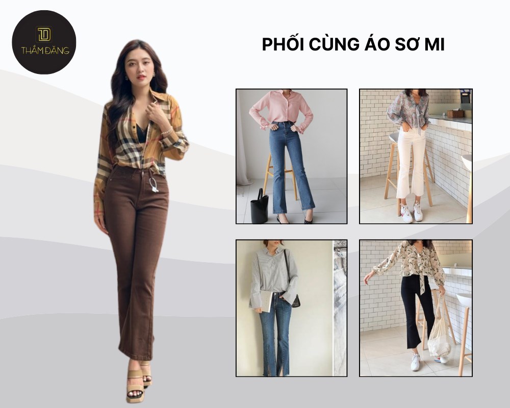Sự kết hợp giữa quần jean ống loe nữ dài và áo sơ mi tạo nên vẻ thanh lịch cho môi trường công sở