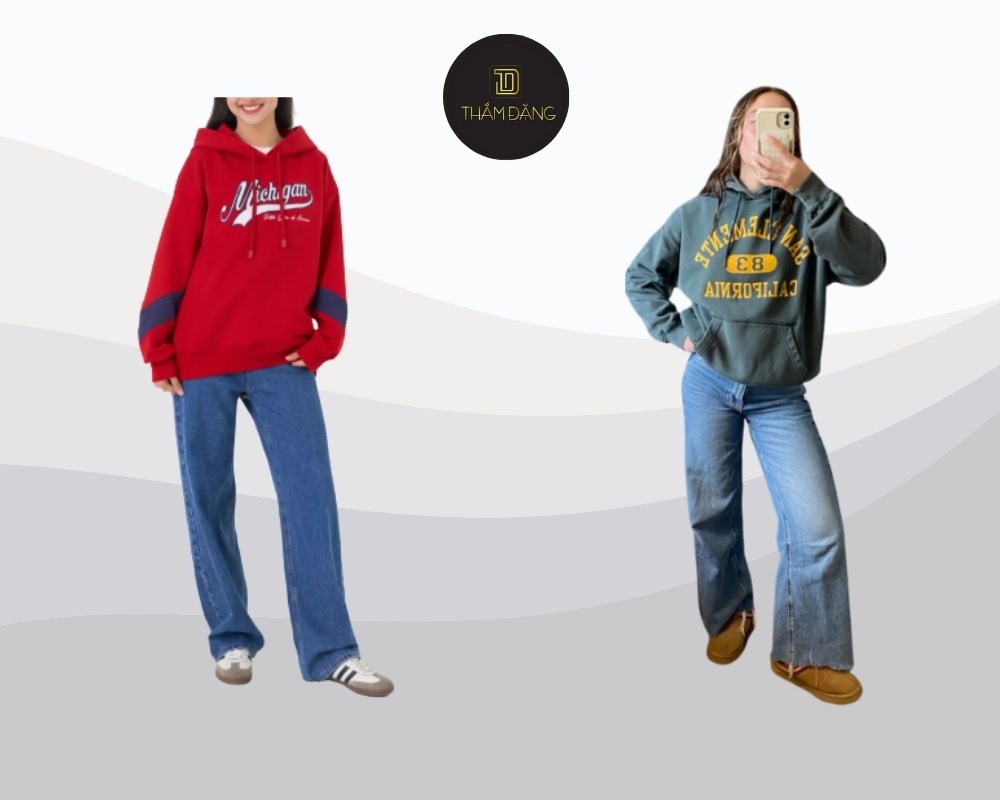 quần jean ống rộng phối với áo hoodie có hợp không
