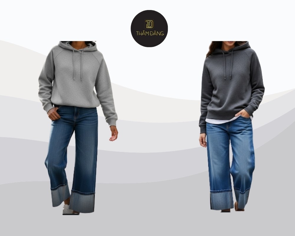 quần jean ống rộng phối với áo hoodie trẻ trung