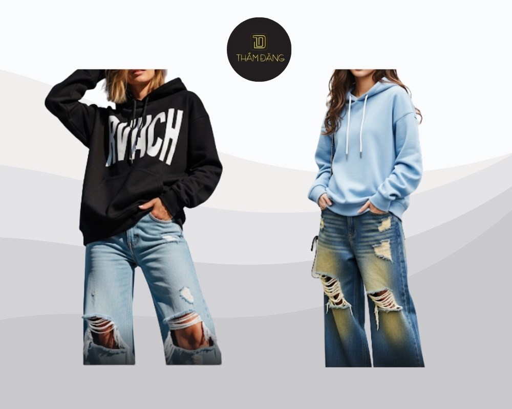 quần jean ống rộng phối với áo hoodie phong cách bụi bặm 