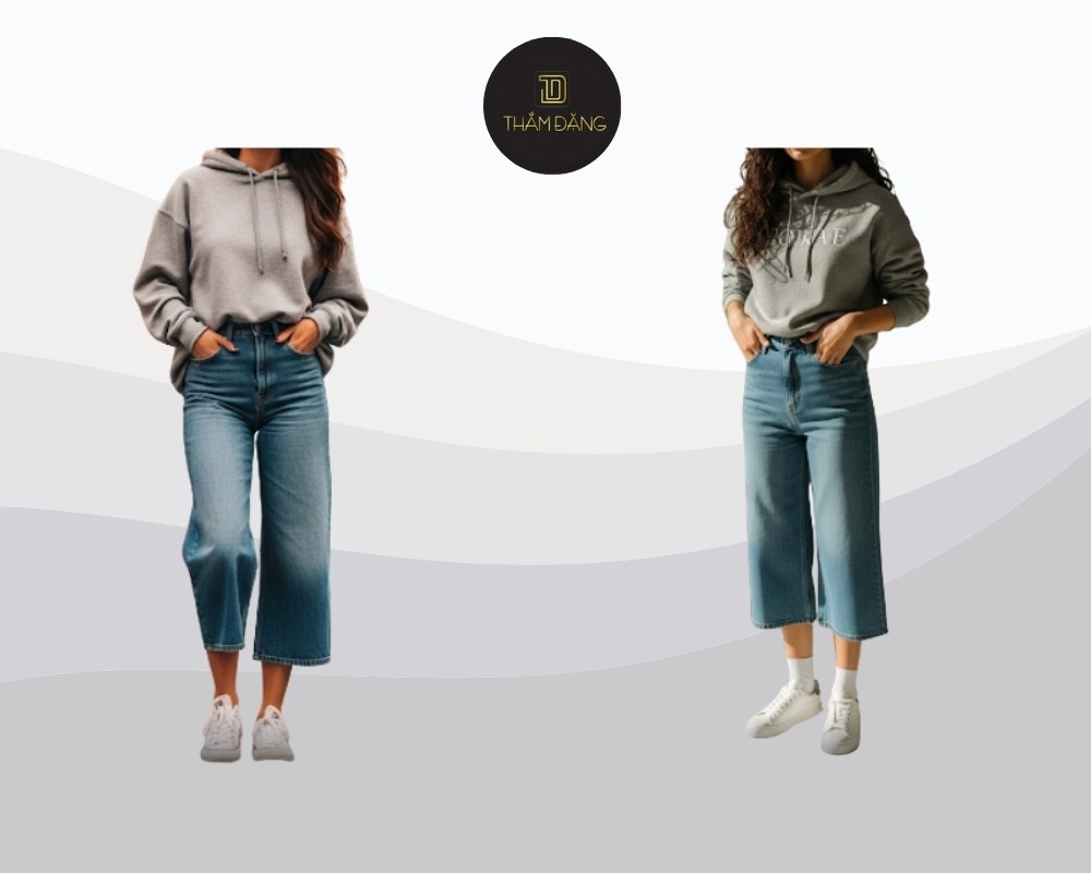 quần jean ống rộng phối với áo hoodie tôn dáng