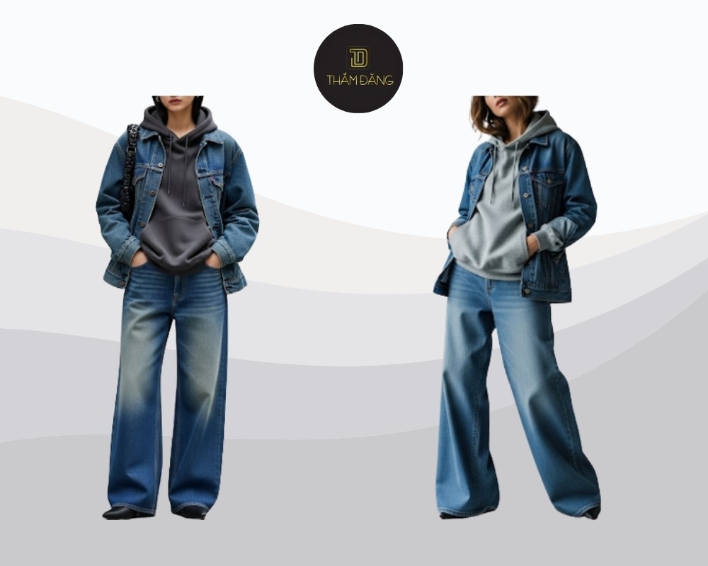 quần jean ống rộng phối với áo hoodie kết hợp áo demin