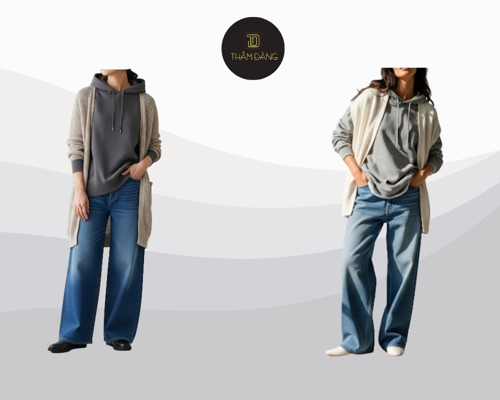 quần jean ống rộng phối với áo hoodie cùng áo cardigan