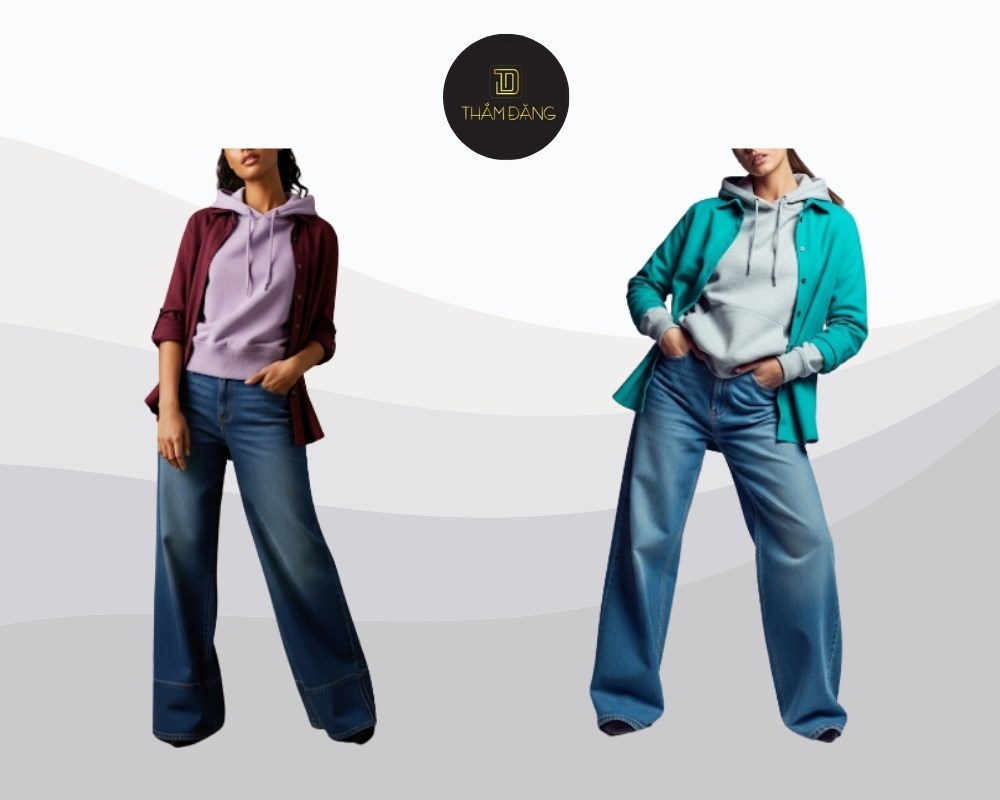 quần jean ống rộng phối với áo hoodie kết hợp sơmi