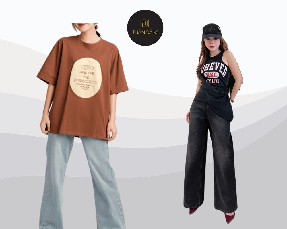 Phong cách tự do với mẫu quần jean ống rộng nữ và áo thun oversized, mang đến vẻ ngoài năng động và thoải mái