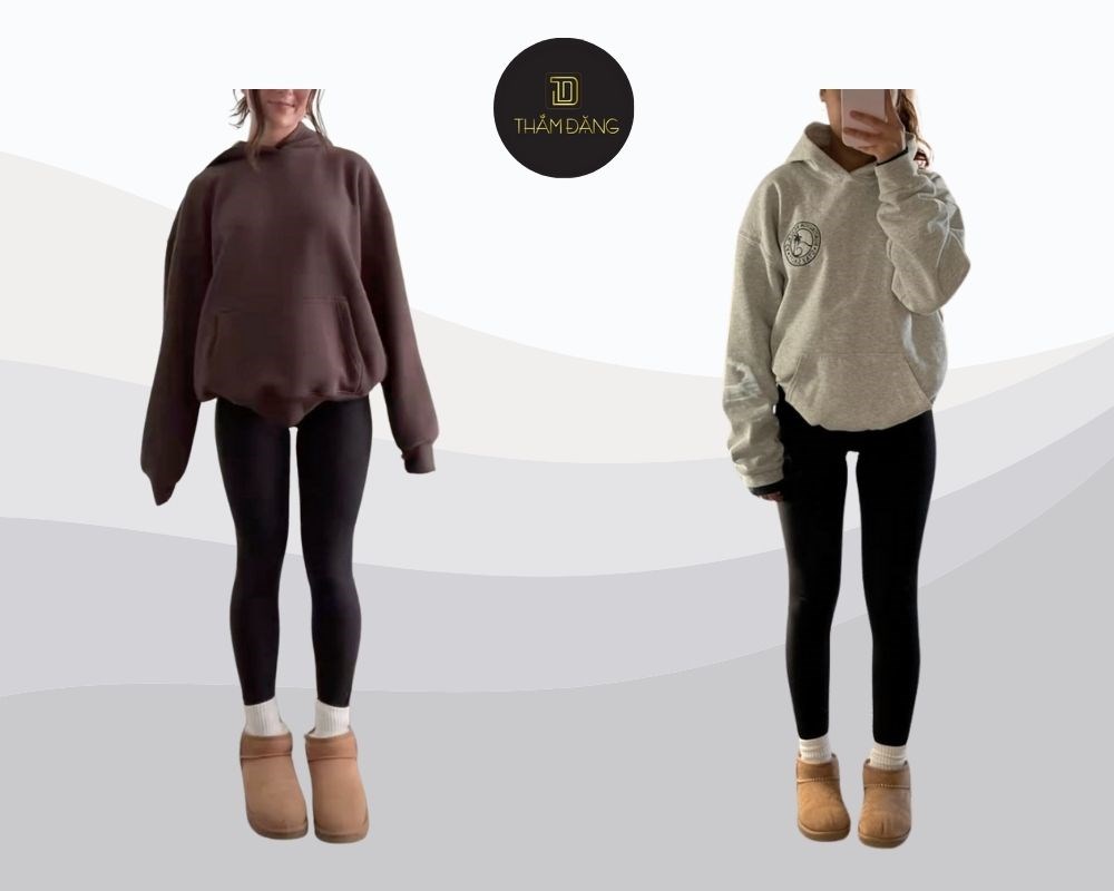 Set đồ lý tưởng cho những ngày lạnh: quần legging đen kết hợp với áo hoodie, phong cách thể thao trẻ trung và đầy năng động