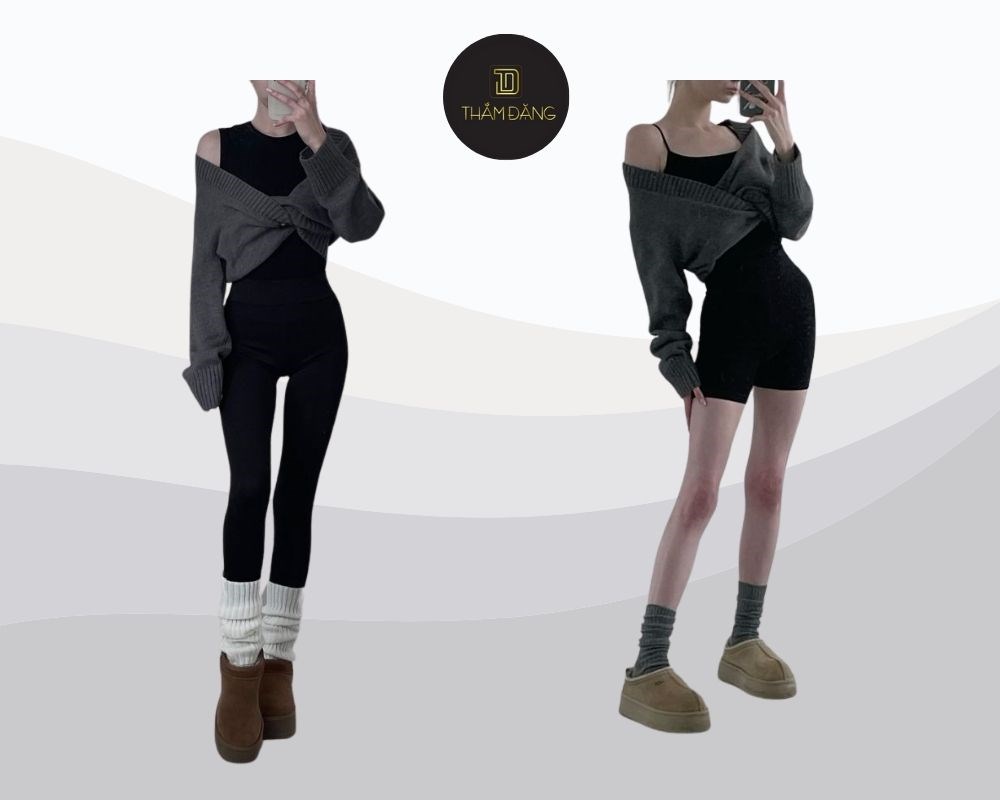 Quần legging màu tối kết hợp áo kiểu mang đến vẻ ngoài thanh lịch, nữ tính nhưng vẫn rất hiện đại và quyến rũ