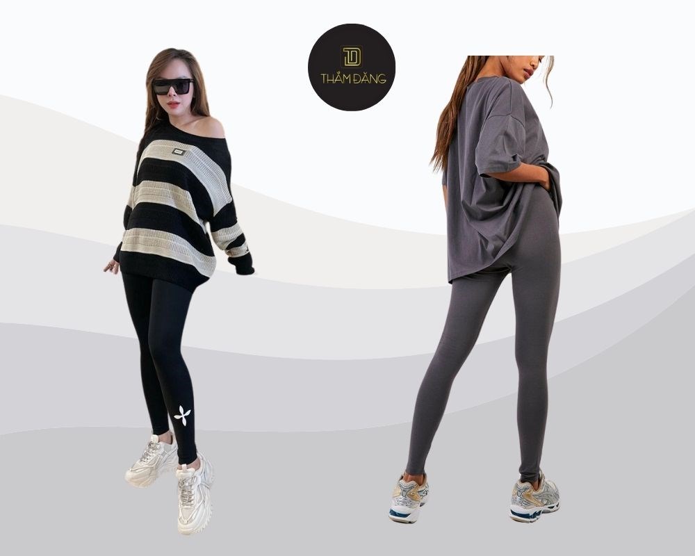 Phối quần legging dài màu đen với áo phông oversized cho vẻ ngoài thoải mái nhưng không kém phần thời trang, hoàn hảo cho những buổi dạo phố