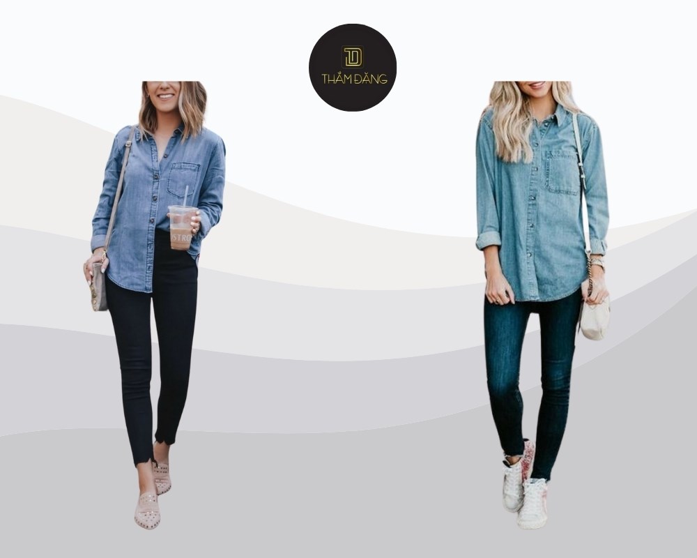áo sơ mi denim phối quần legging trẻ trung năng động