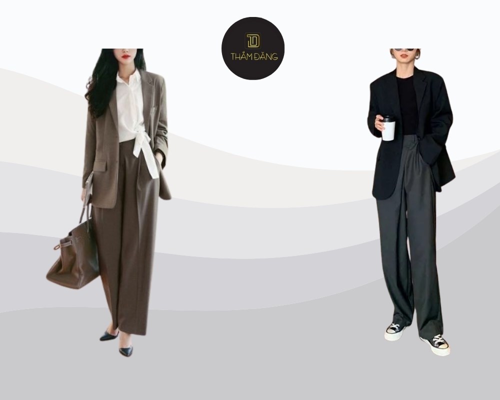 Áo blazer khoác ngoài kết hợp với quần lụa ống rộng tạo nên một phong cách business casual cực kỳ ấn tượng