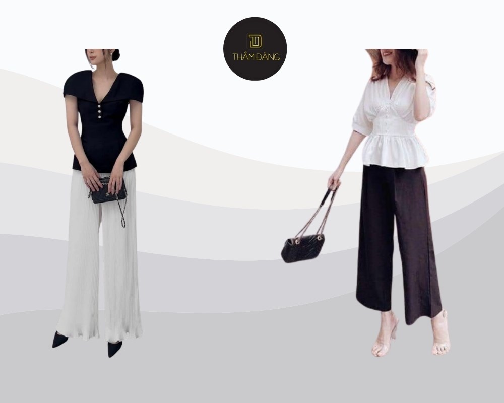 Áo peplum với thiết kế ôm eo và phần váy ngắn bồng bềnh phối cùng quần lụa ống rộng tạo nên silhouette đồng hồ cát cực kỳ nữ tính và thanh lịch