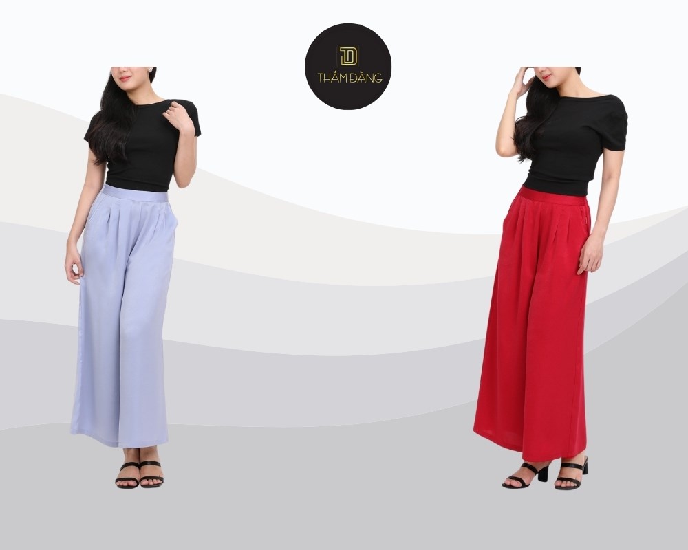 Quần lụa ống rộng truyền thống có dáng dài, ống quần suông thẳng từ trên xuống, tạo cảm giác mềm mại và thướt tha