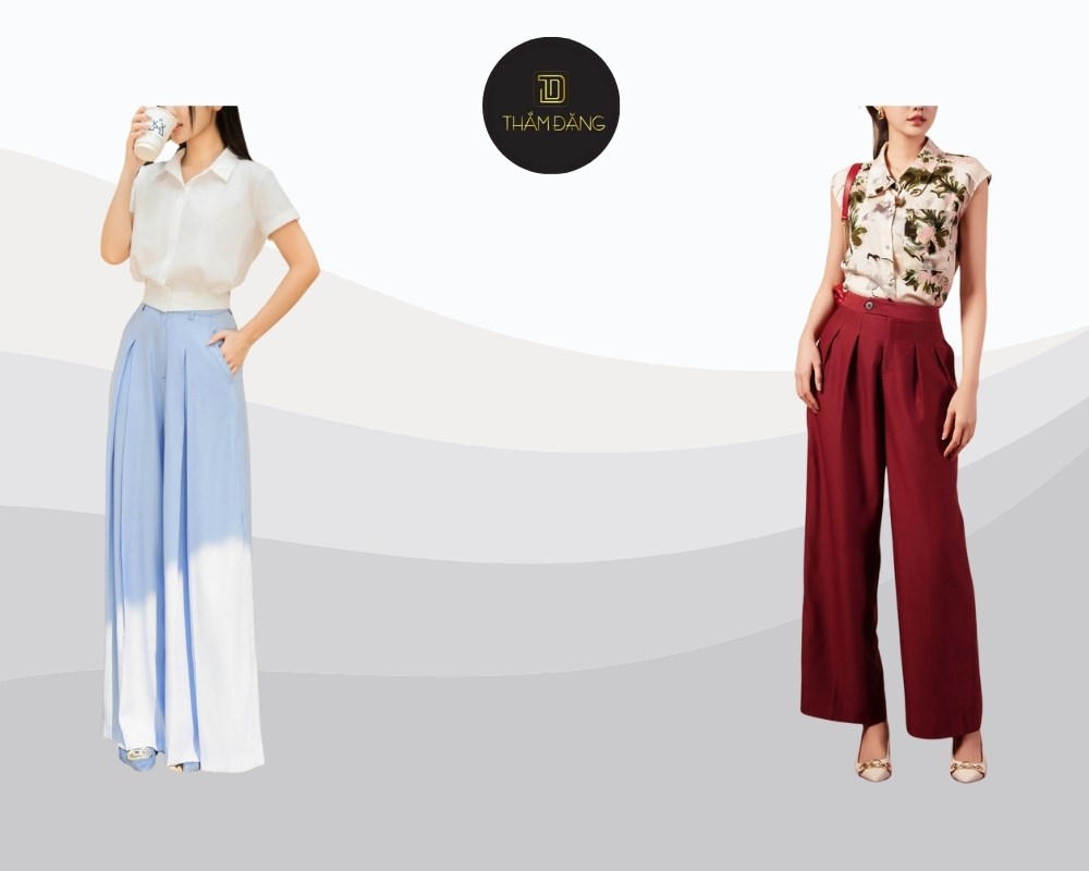 Quần lụa xếp ly là điểm nhấn độc đáo với các đường xếp ly tinh tế chạy dọc từ cạp quần xuống