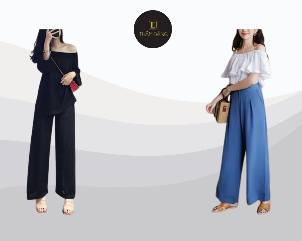 Áo trễ vai kết hợp với quần lụa ống rộng tạo nên một phong cách vừa nữ tính vừa gợi cảm một cách tinh tế