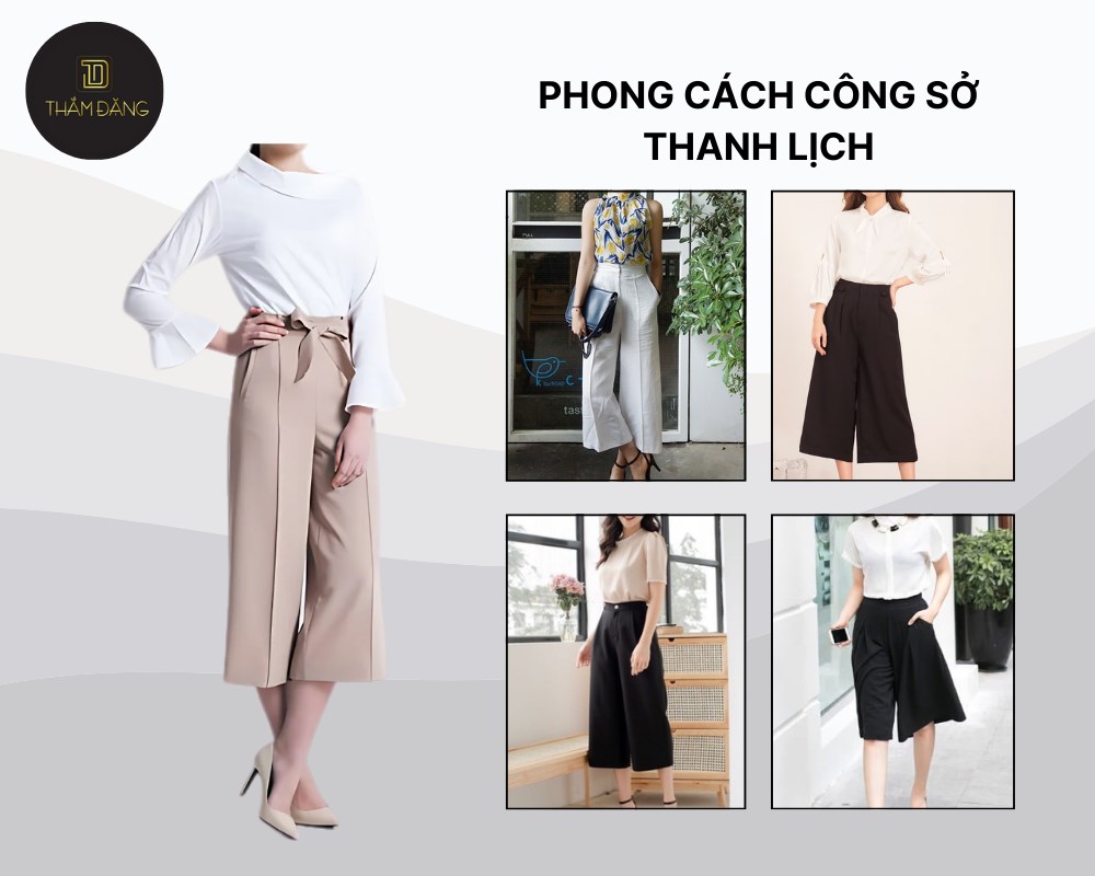 Culottes lửng ống rộng kết hợp áo sơ mi cổ đức tạo nên vẻ ngoài thanh lịch và chuyên nghiệp cho môi trường công sở