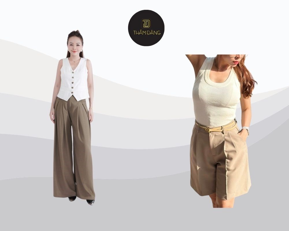 Quần short nâu phối áo trắng tạo vẻ thanh lịch hoặc năng động