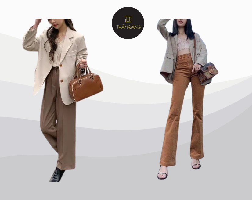 Quần nâu kết hợp blazer xám mang đến vẻ ngoài chín chắn, trưởng thành