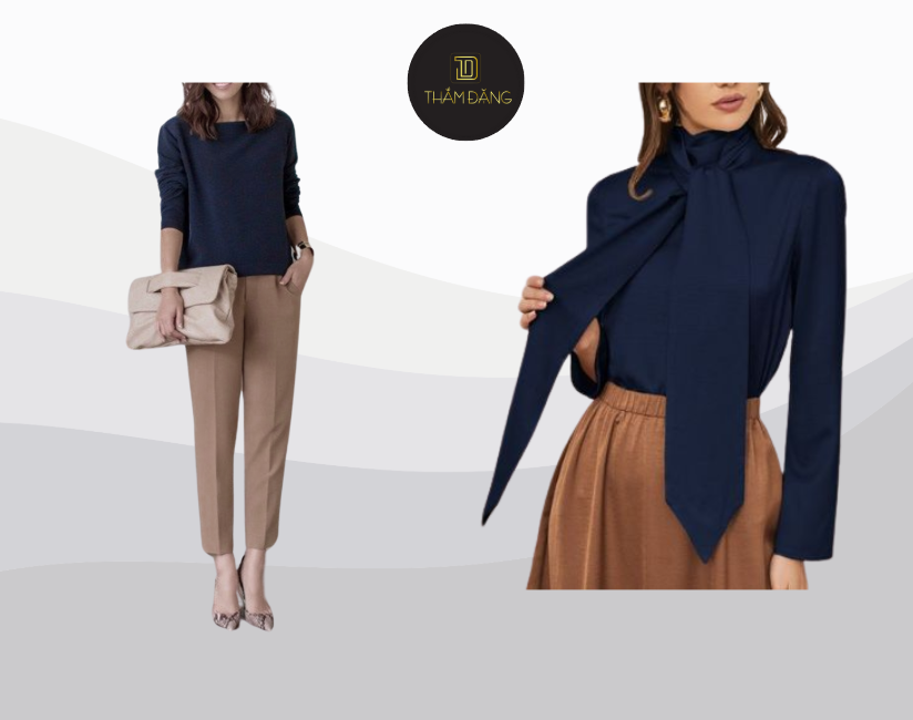 Quần màu nâu và xanh navy tạo tổng thể ấn tượng, năng động, trẻ trung