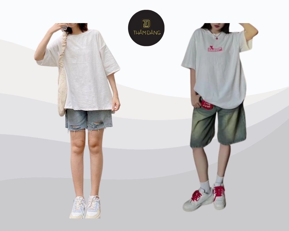 Cá tính và trẻ trung, quần ngố jean rách phối áo phông oversize tạo nên outfit street style cực chất