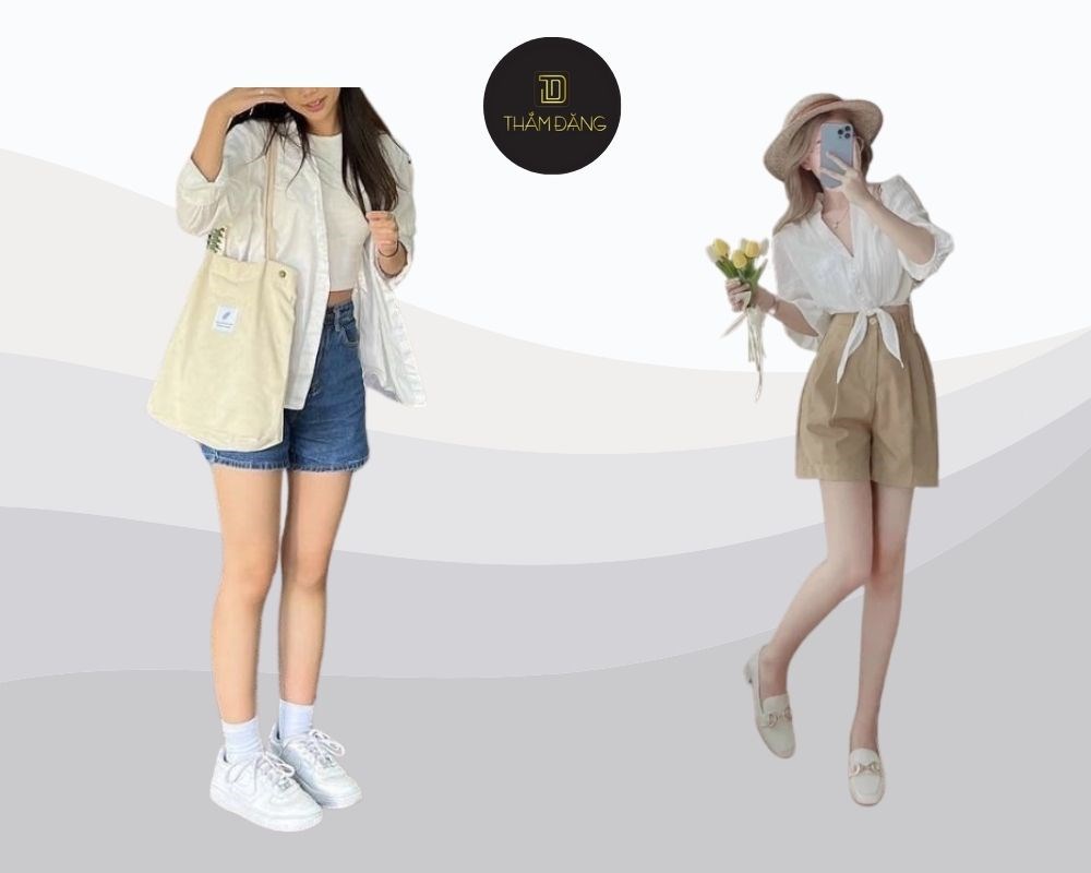 Sự kết hợp thanh lịch giữa quần ngố tối màu và áo sơ mi trắng, hoàn hảo cho môi trường công sở hoặc các buổi gặp gỡ