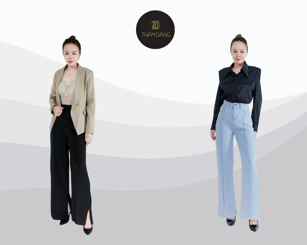 Quần ống loe cạp cao giúp tôn dáng và kéo dài đôi chân hiệu quả.