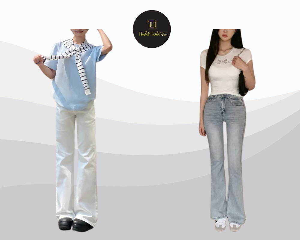 Quần ống loe sáng phối áo phông basic tạo dáng cao và năng động.